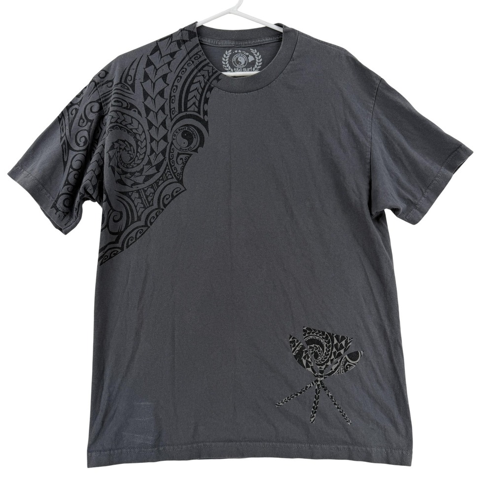 T&C Surf Designs Shirt Mens Large Gray Tribal Fish Graphic Tee T-Shirt Surf